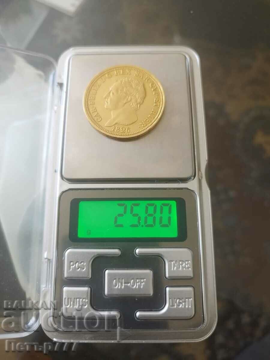 80 lire anul 1826, regatul Sardiniei, aur 25,80 g.