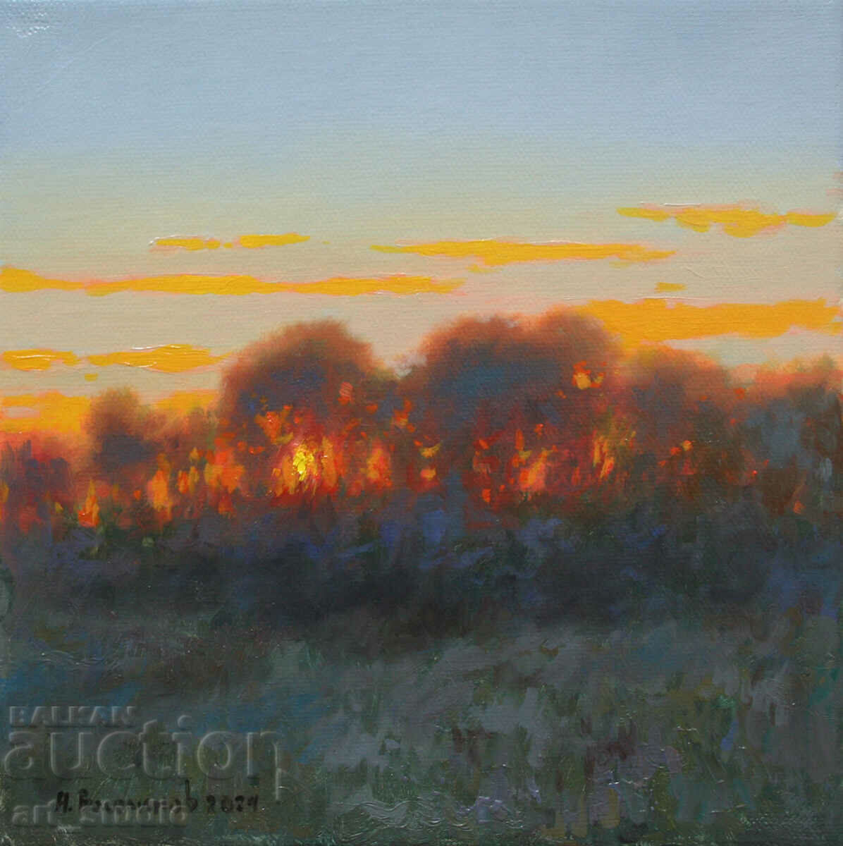 Sunset over the field - oil paints