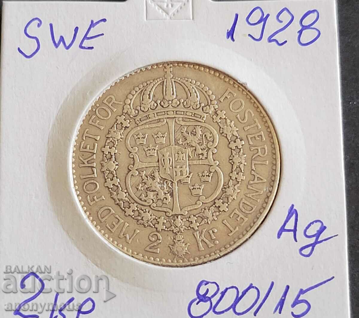 Moneda de argint 2 coroane Suedia 1928