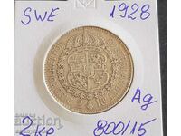 Moneda de argint 2 coroane Suedia 1928