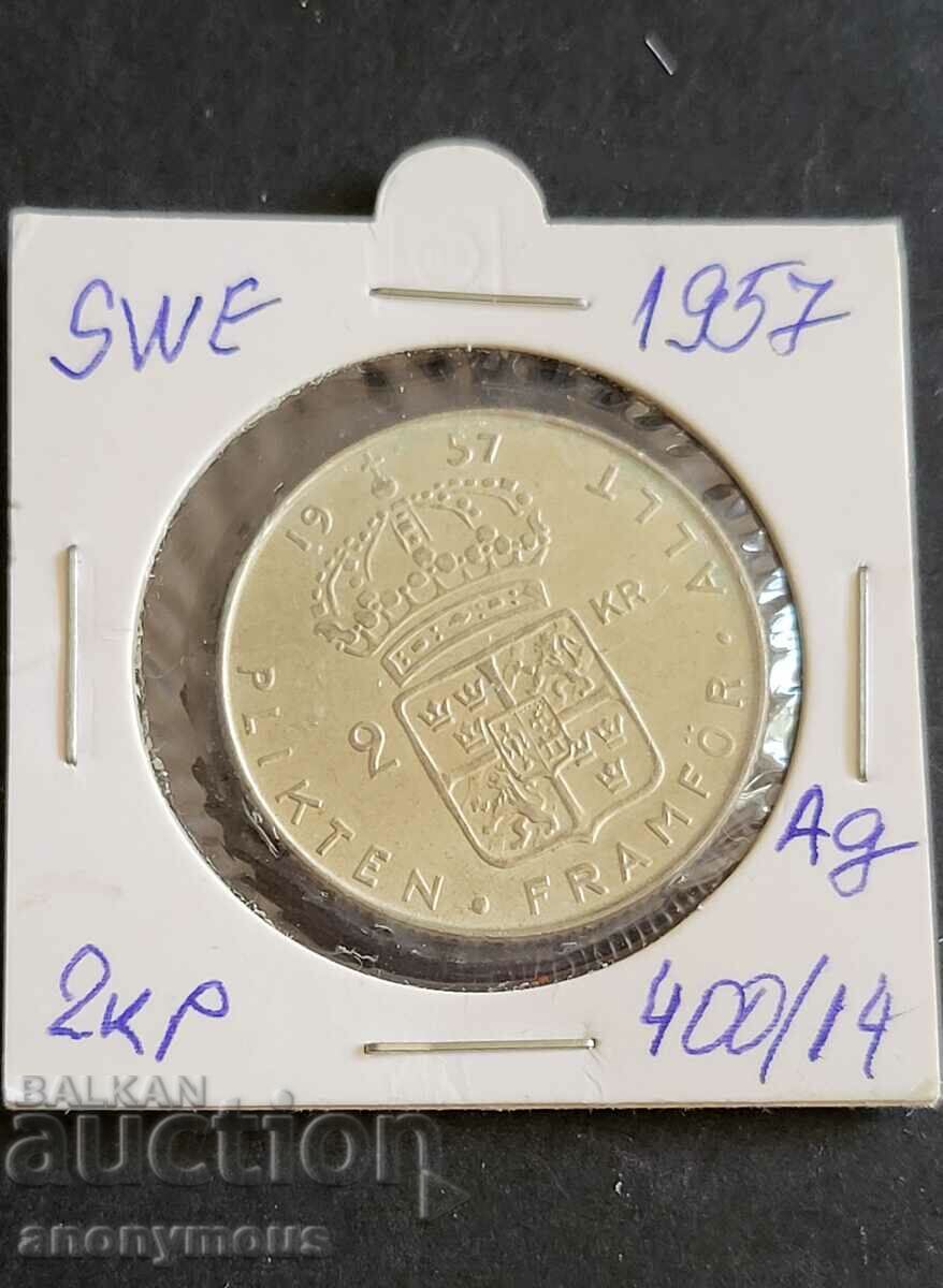 Moneda de argint 2 coroane Suedia 1957