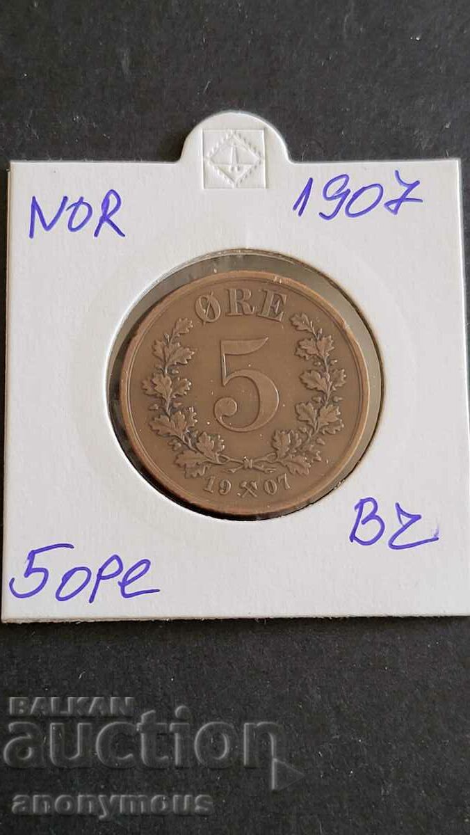 Bronze coin Norway 5 øre, jore 1907 rare