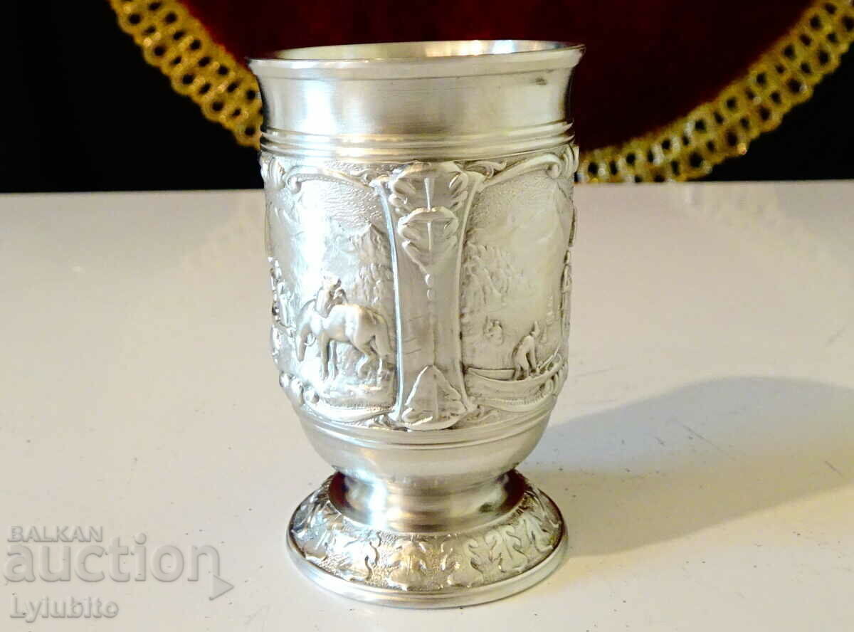 Auction Pewter rakia cup with beautiful rural scenes Auction Pewter rakia cup with beautiful rural scenes