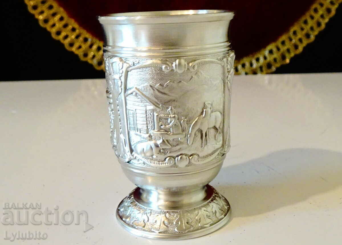 Delivery of Pewter rakia cup with beautiful rural scenes Delivery of Pewter rakia cup with beautiful rural scenes