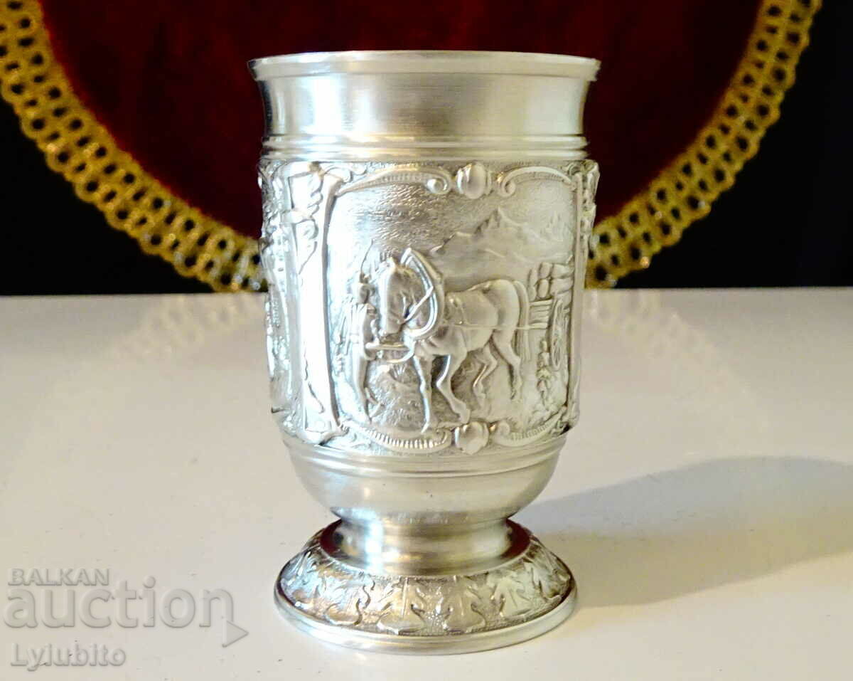 Pewter rakia cup with beautiful rural scenes Pewter rakia cup with beautiful rural scenes