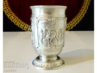 Cană de cositor pentru țuică cu picturi frumoase rustice