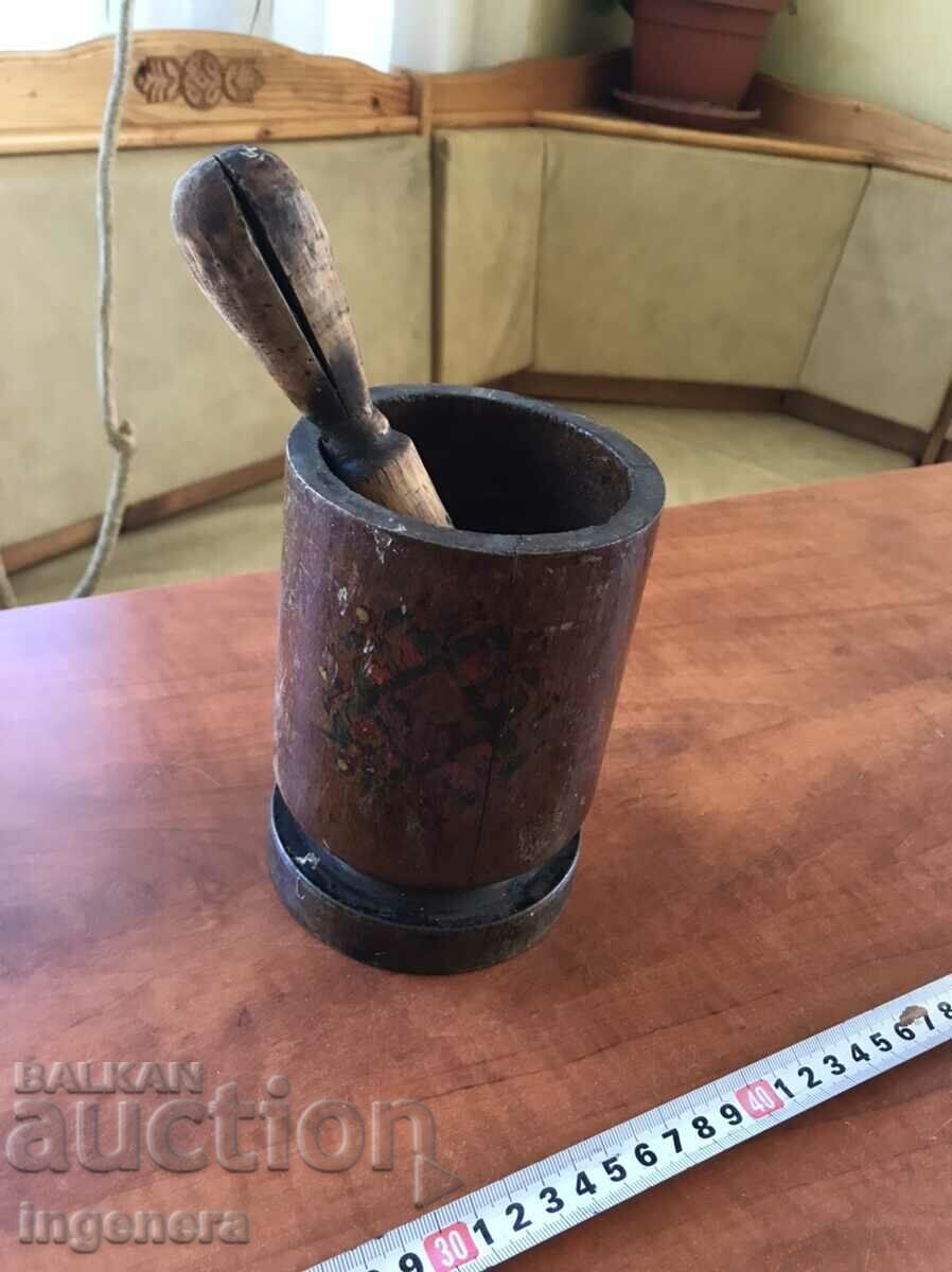 MORTAR WOODEN LARGE ANTIQUE WITH HAMMER PATTERN