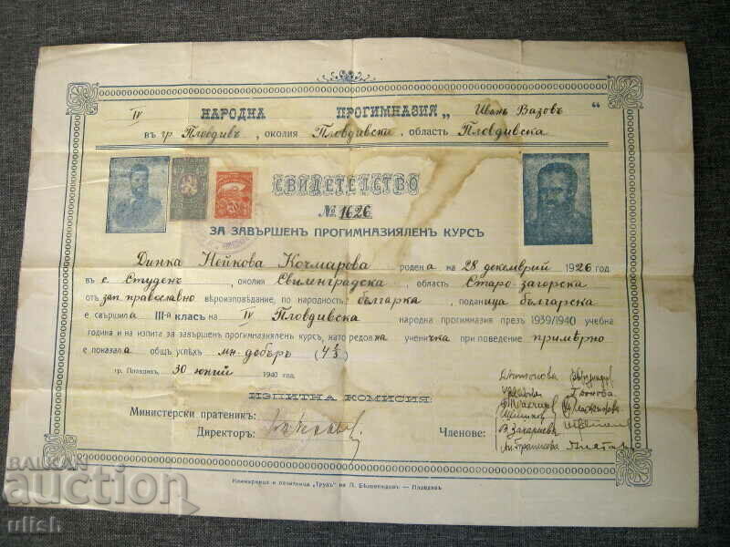 Diploma of Ivan Vazov Junior High School Plovdiv 1940