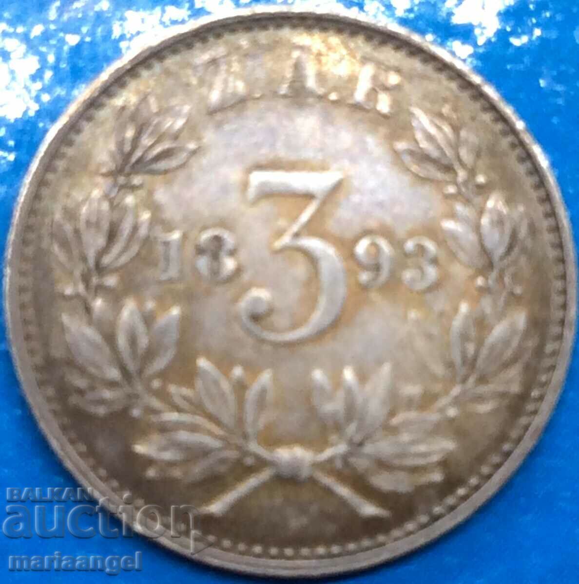 Africa de Sud 3 pence 1893 Z.A.R. Patină argintie din Africa de Sud