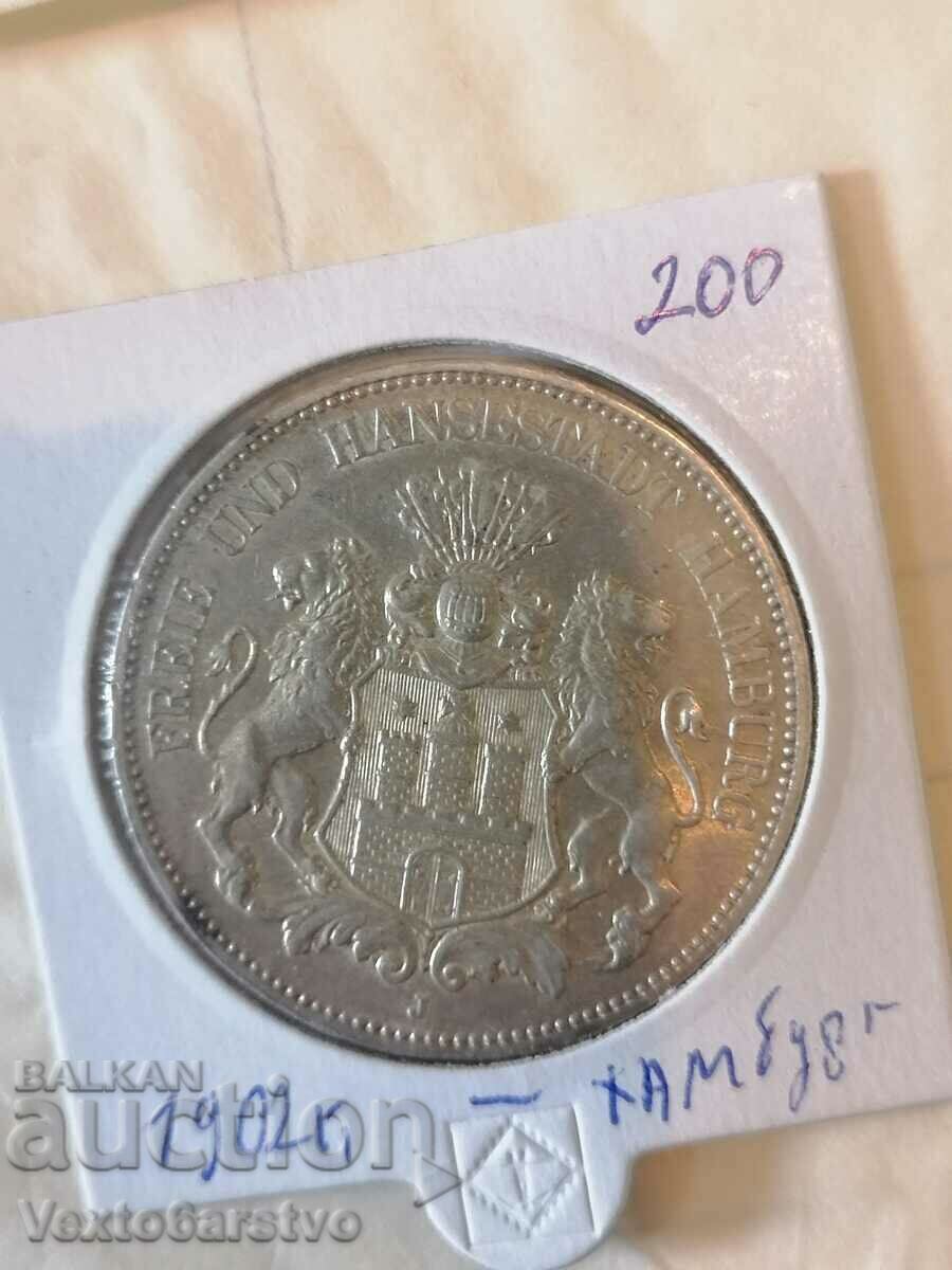 Moneda-Germania-5 mărci de argint-1902 Hamburg.