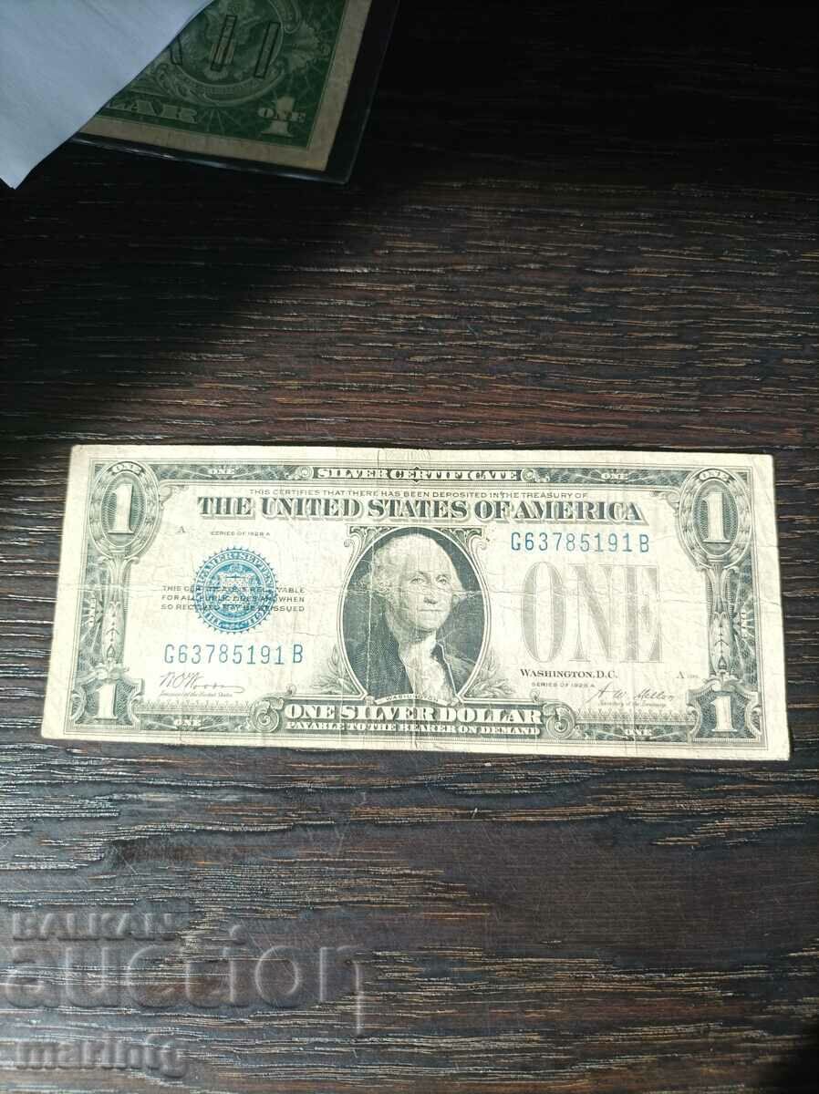 One dollar bill from 1928 blue print.