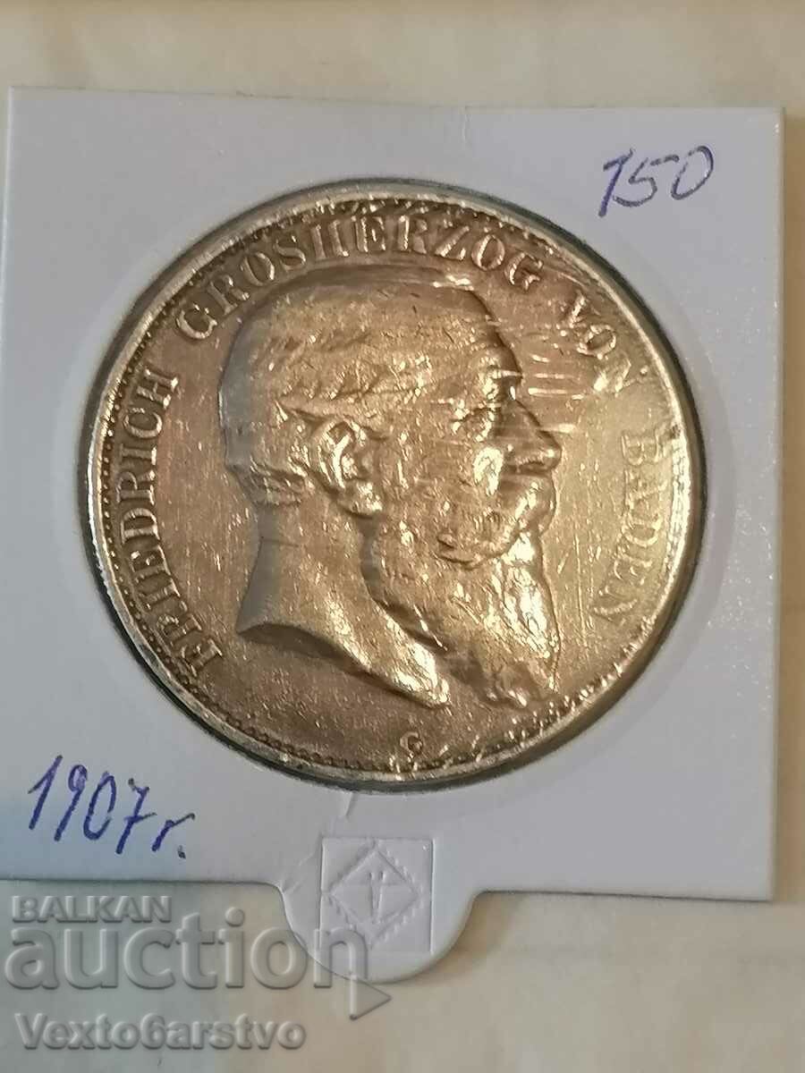 Coin-Germany-5 silver marks-1907 Baden.