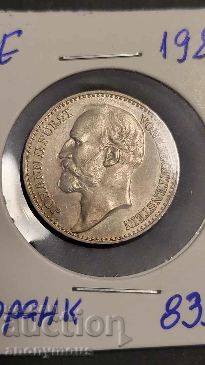 Moneda de argint 1 franc Liechtenstein 1924 extrem de rară