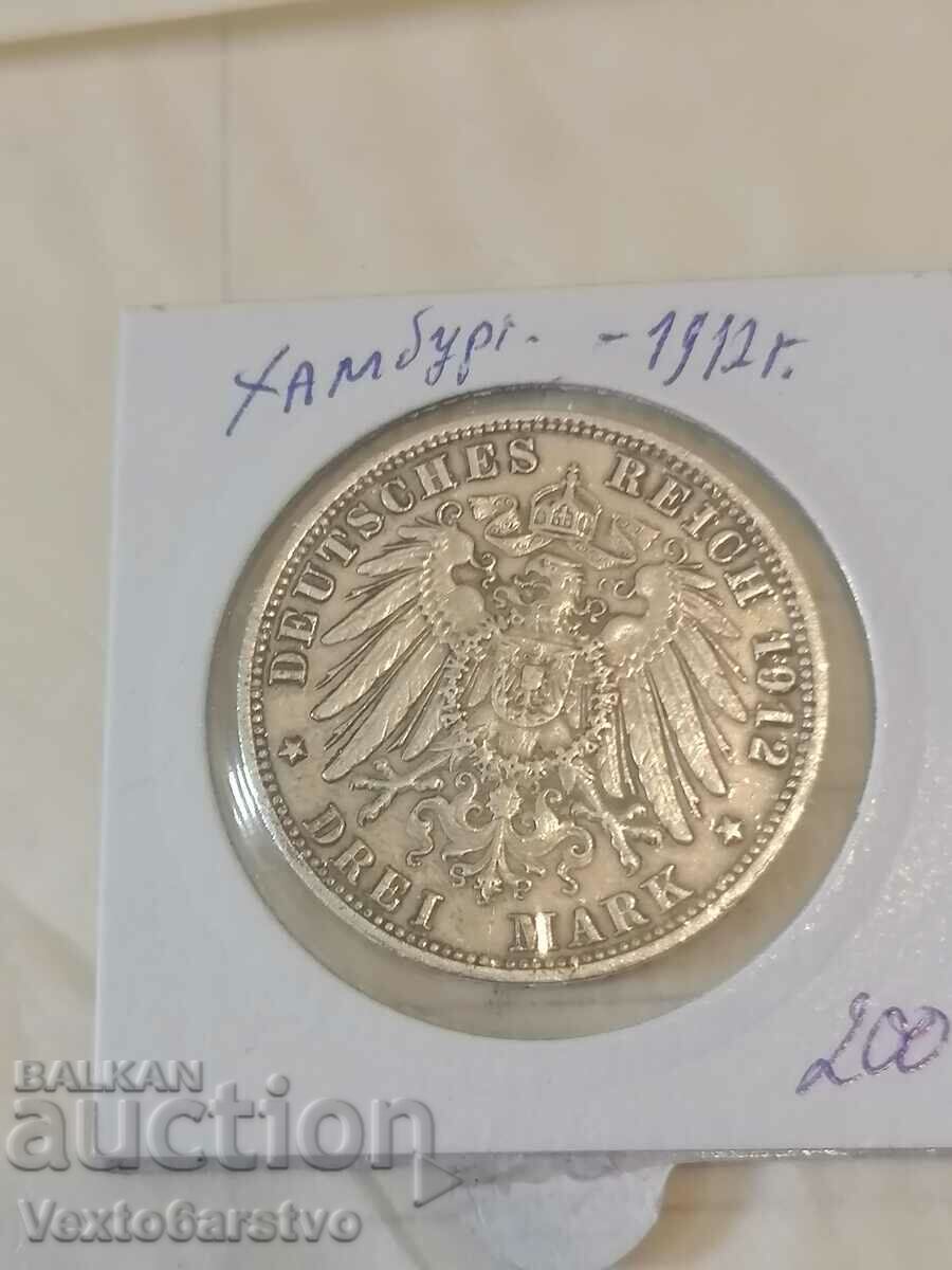 Moneda-Germania-3 mărci de argint-1912 Hamburg.