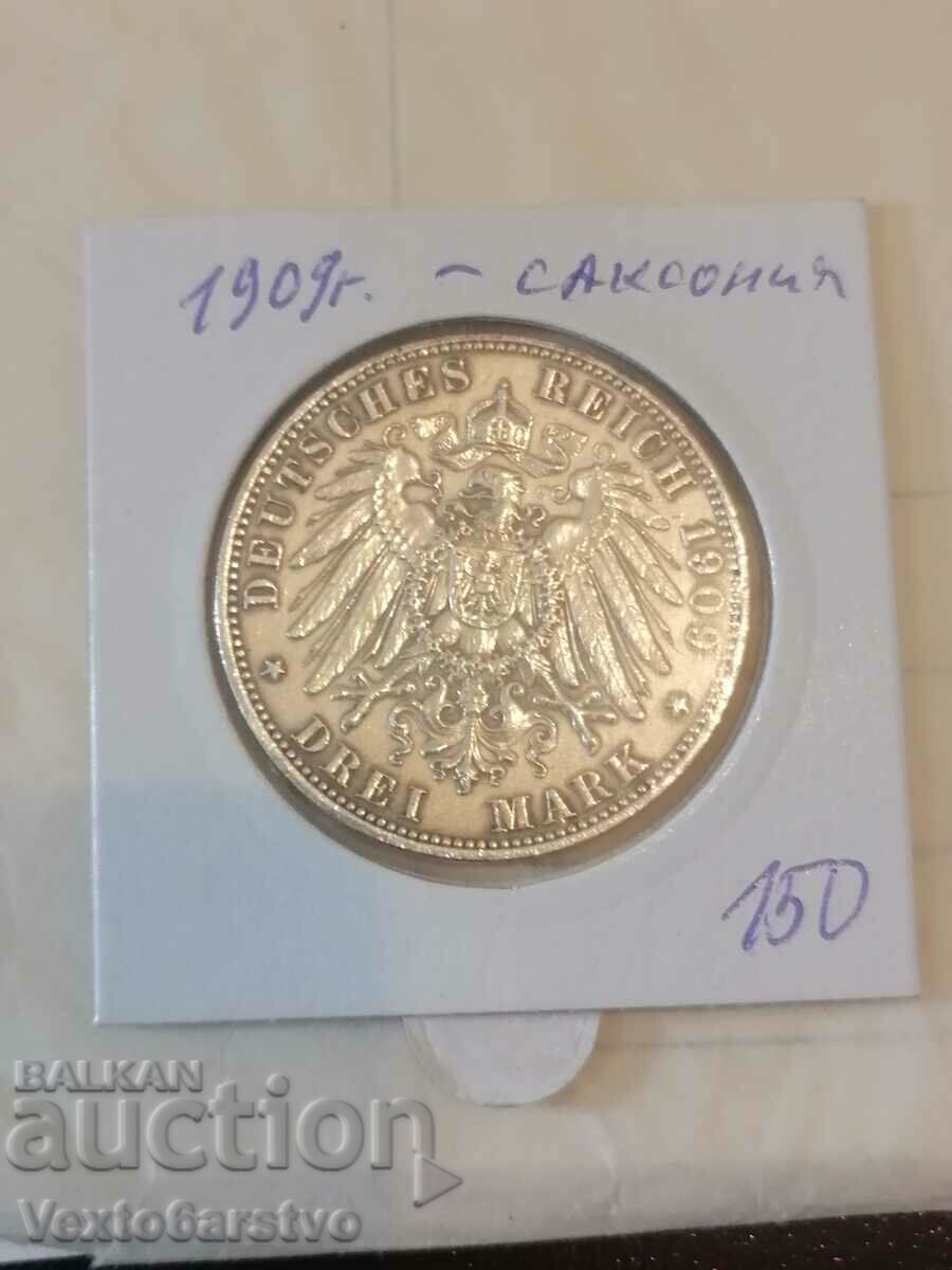 Coin-Germany-3 silver marks-1909 Saxony. .