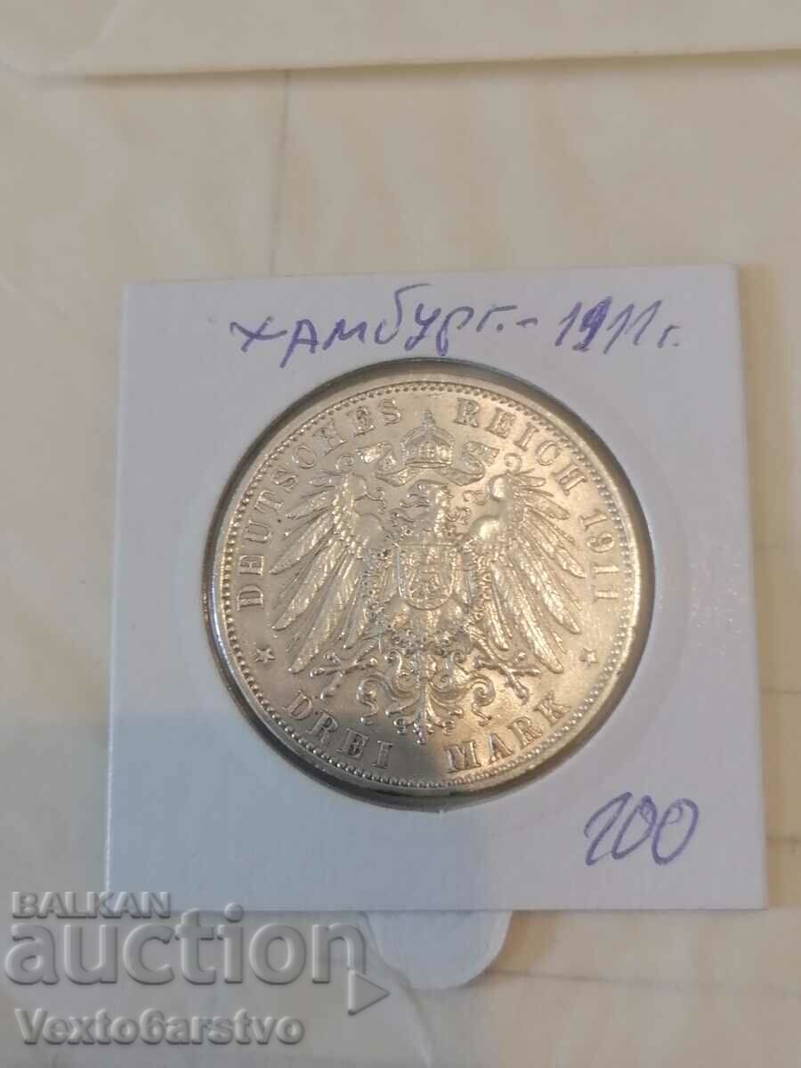 Coin-Germany-3 silver marks-1911 Hamburg.