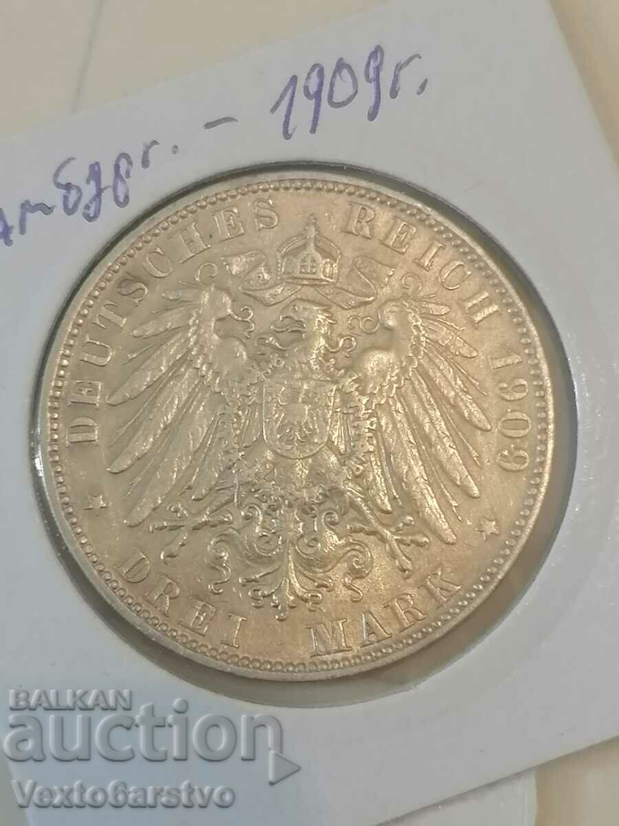 Moneda-Germania-3 mărci de argint-1909 Hamburg.