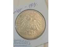 Moneda-Germania-3 mărci de argint-1909 Hamburg.