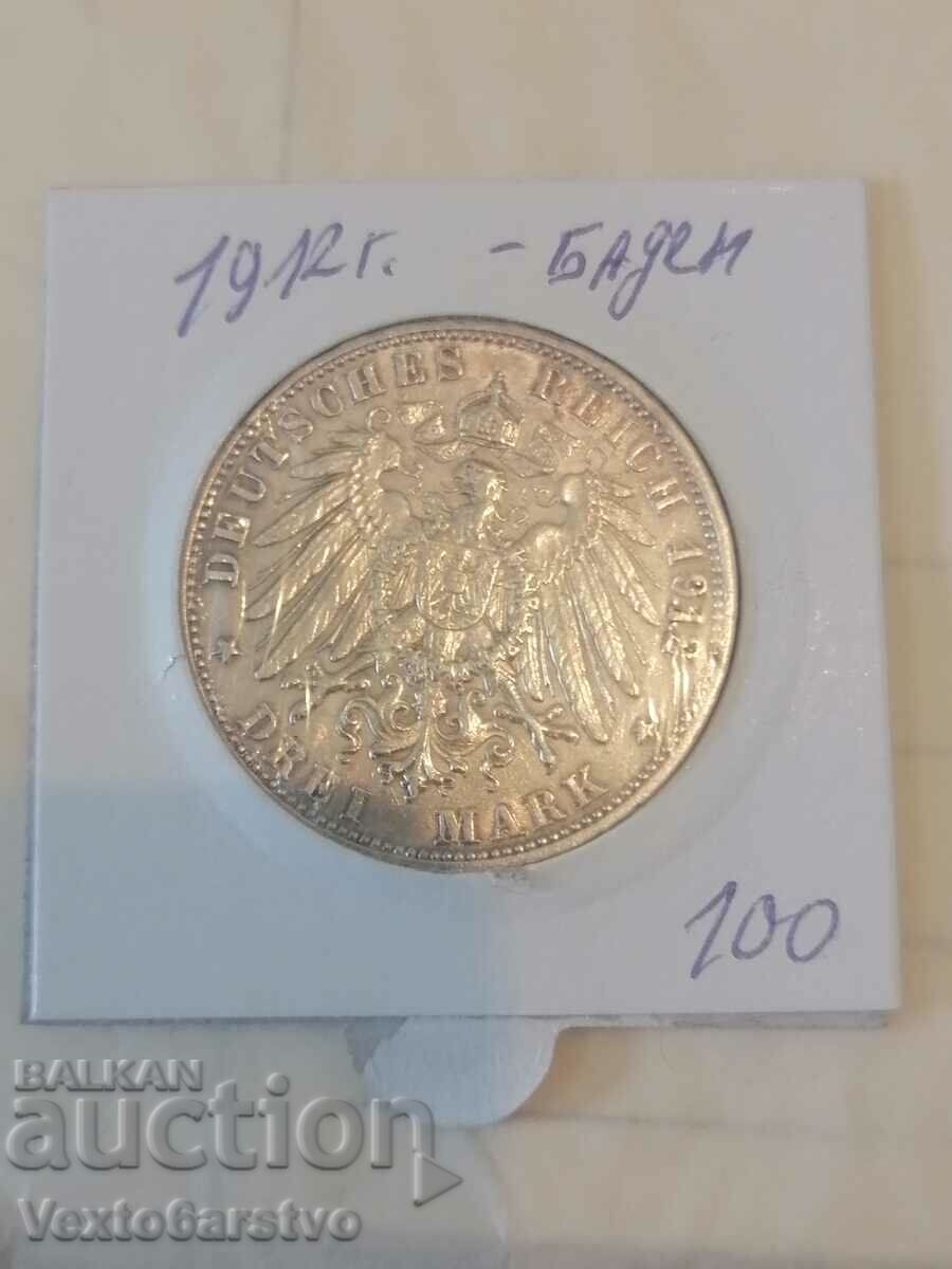 Coin-Germany-3 silver marks-1912 Baden.