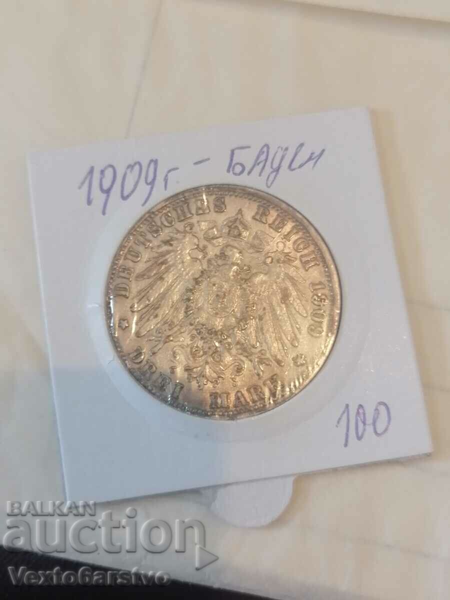 Moneda-Germania-3 mărci de argint-1909. Baden.