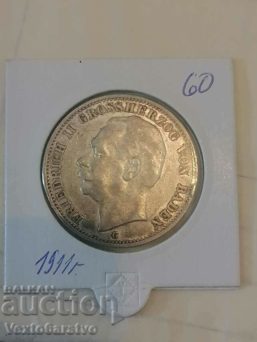 Coin-Germany-3 silver marks-1911 Baden.