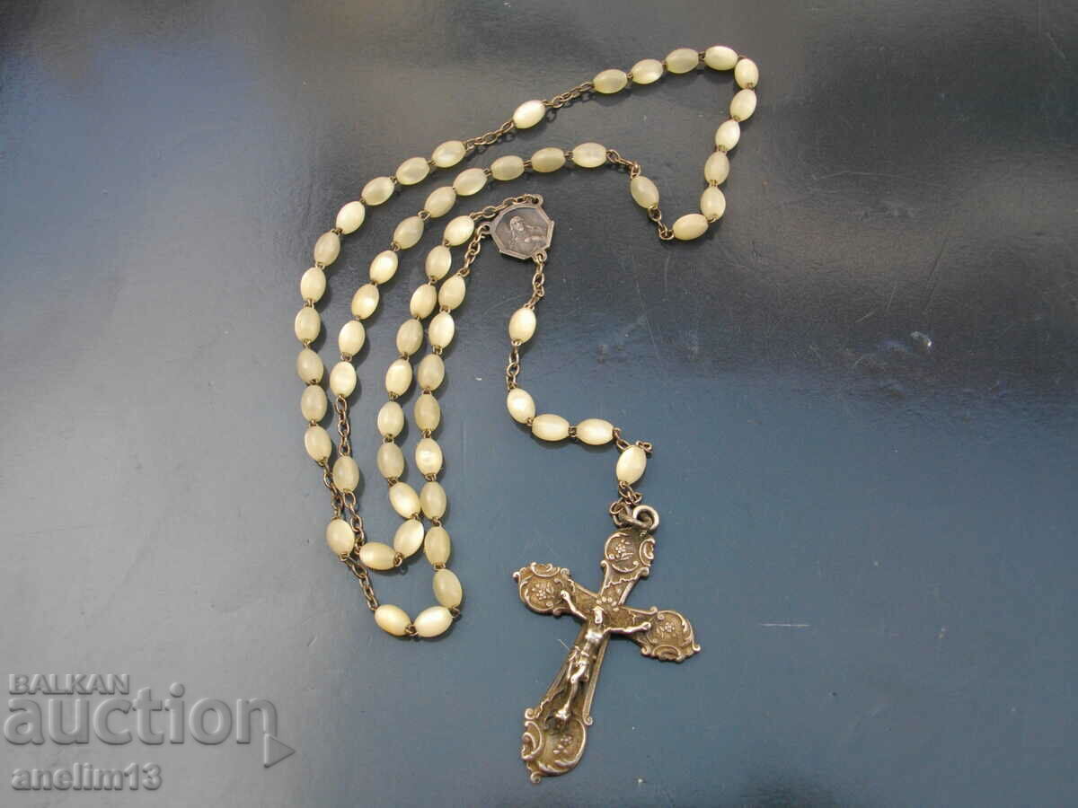 OLD PEARL PRAYER ROSARY WITH SILVER CROSS