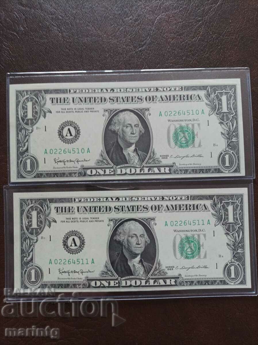 Two consecutively numbered dollars from 1963