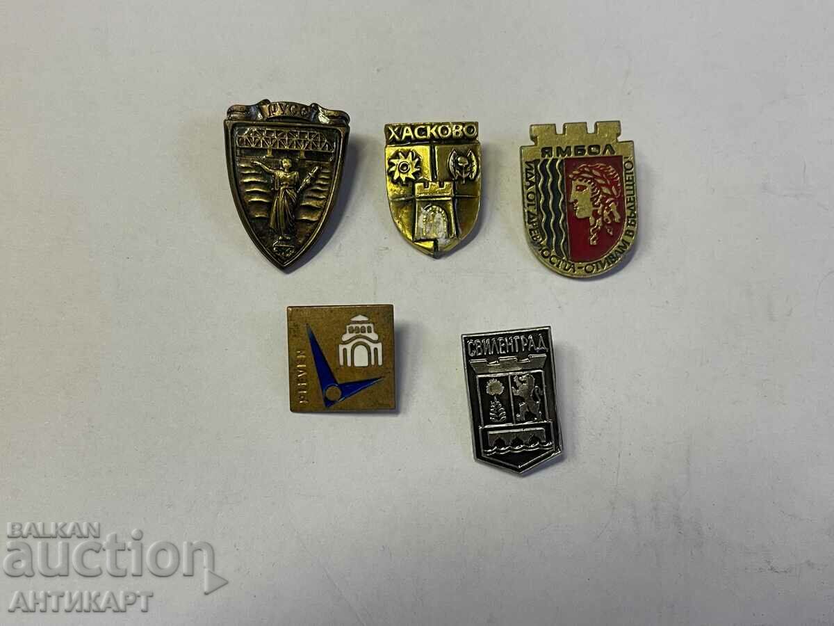 5 badges, signs, coats of arms, cities