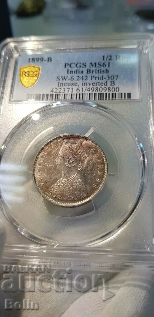 MS 61 - Half Rupee Silver Coin - Britain - India 1899 - 6 MS 61 - Half Rupee Silver Coin - Britain - India 1899 - 6