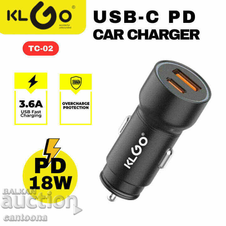 KLGO TC02 Type C PD + USB, fast car charger, 18W with price 11.99 BGN | € 6.13 KLGO TC02 Type C PD + USB, fast car charger, 18W with price 11.99 BGN | € 6.13