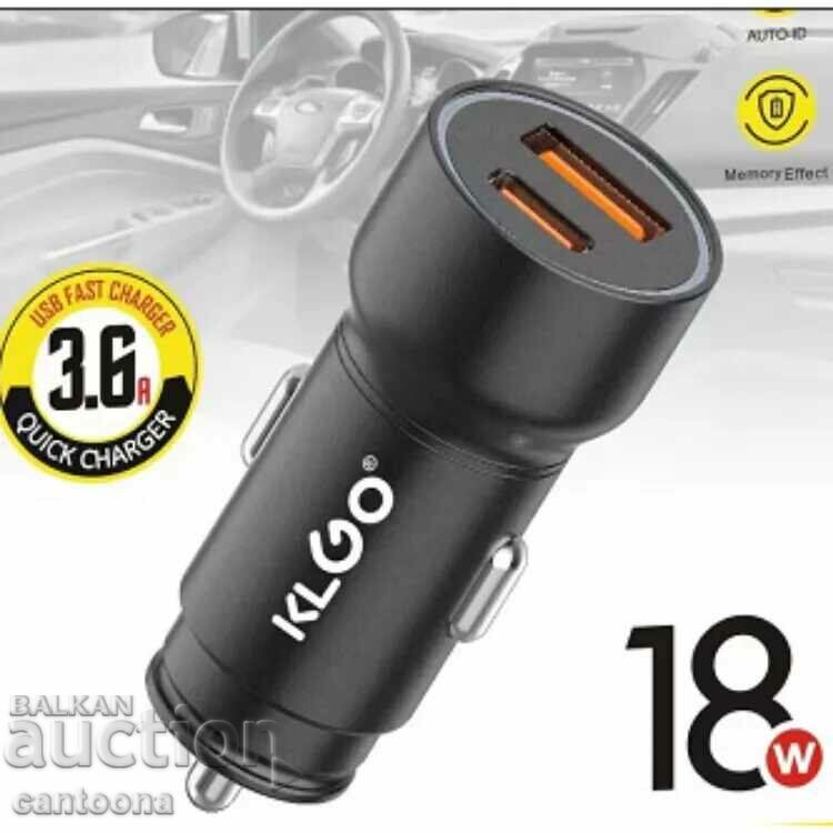 KLGO TC02 Tip C PD + USB, încărcător auto rapid, 18W