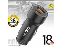 KLGO TC02 Type C PD + USB, бързо зарядно за кола,18W