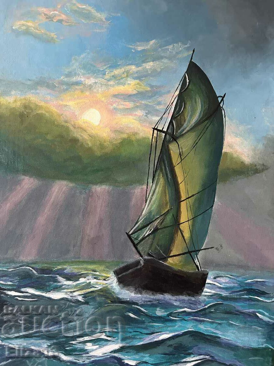 Painting "Boat in a stormy sea", acrylic paints on canvas