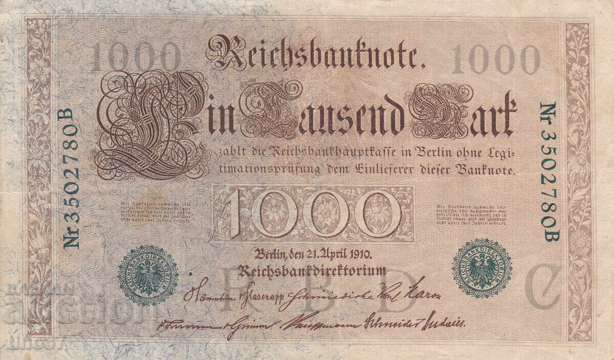 tino37 - GERMANY - 1000 MARKS /GREEN PRINT/ - 1910 - VF with price 4.80 BGN | € 2.45