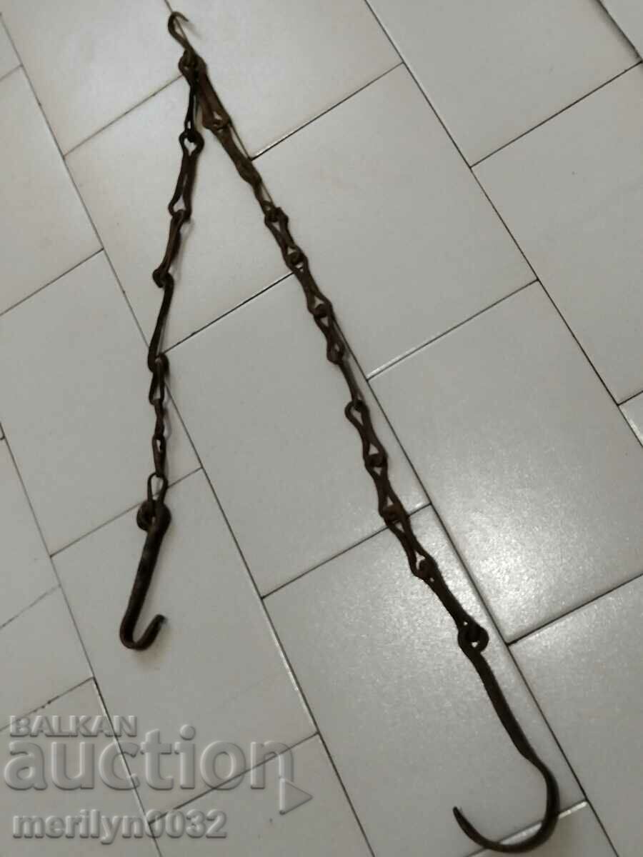 Auction  Old wrought iron chain with hook, hearth chain hook chain