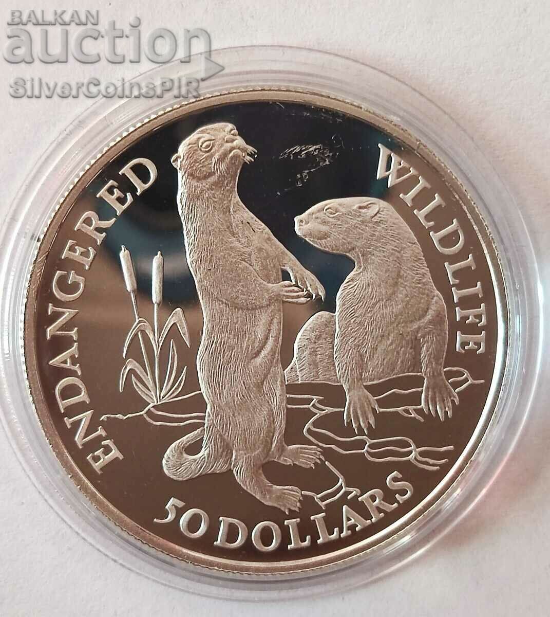 Silver $50 Endangered Animals 1991 Cook Islands