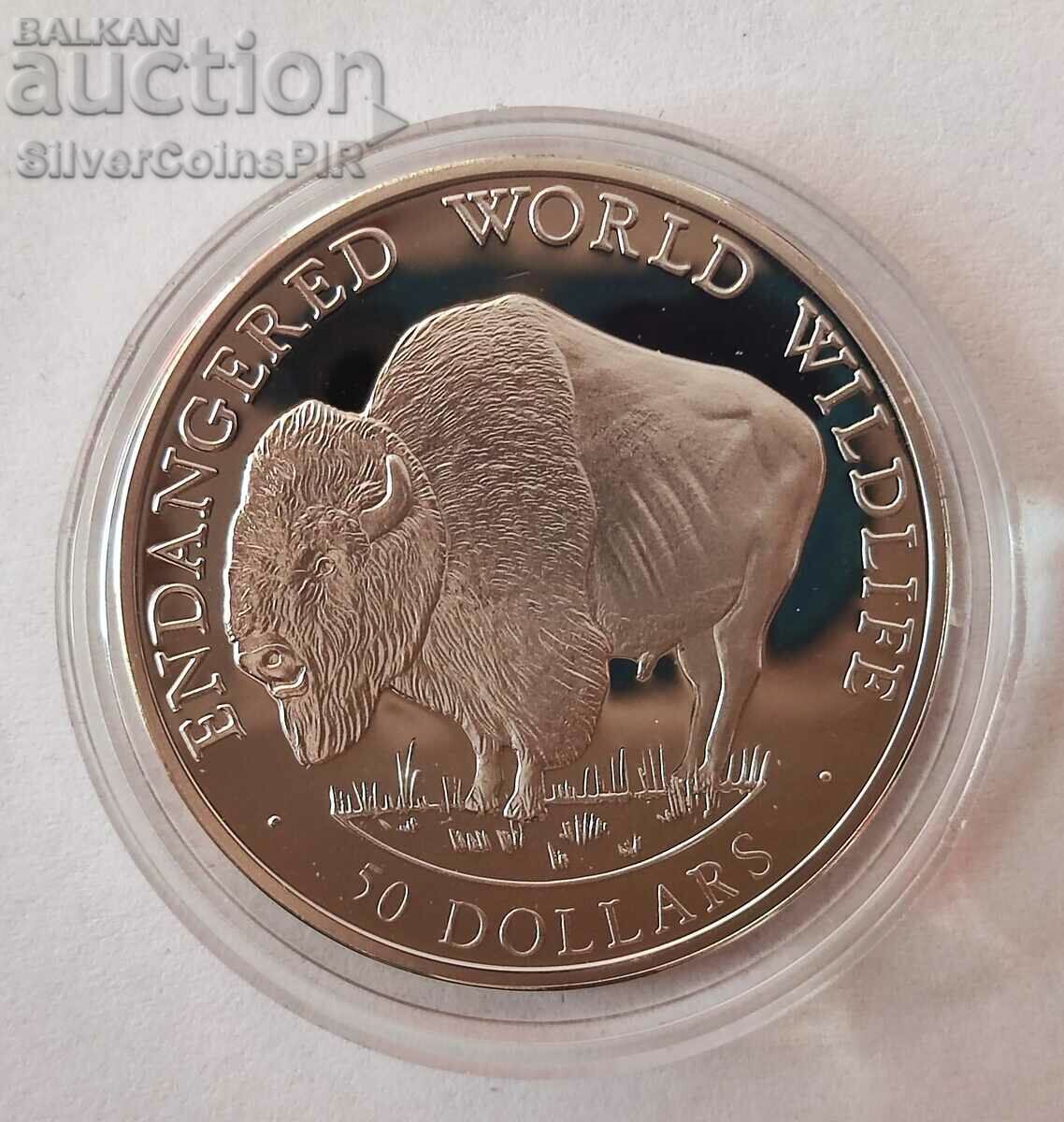 Silver $50 Endangered Animals 1990 Cook Islands