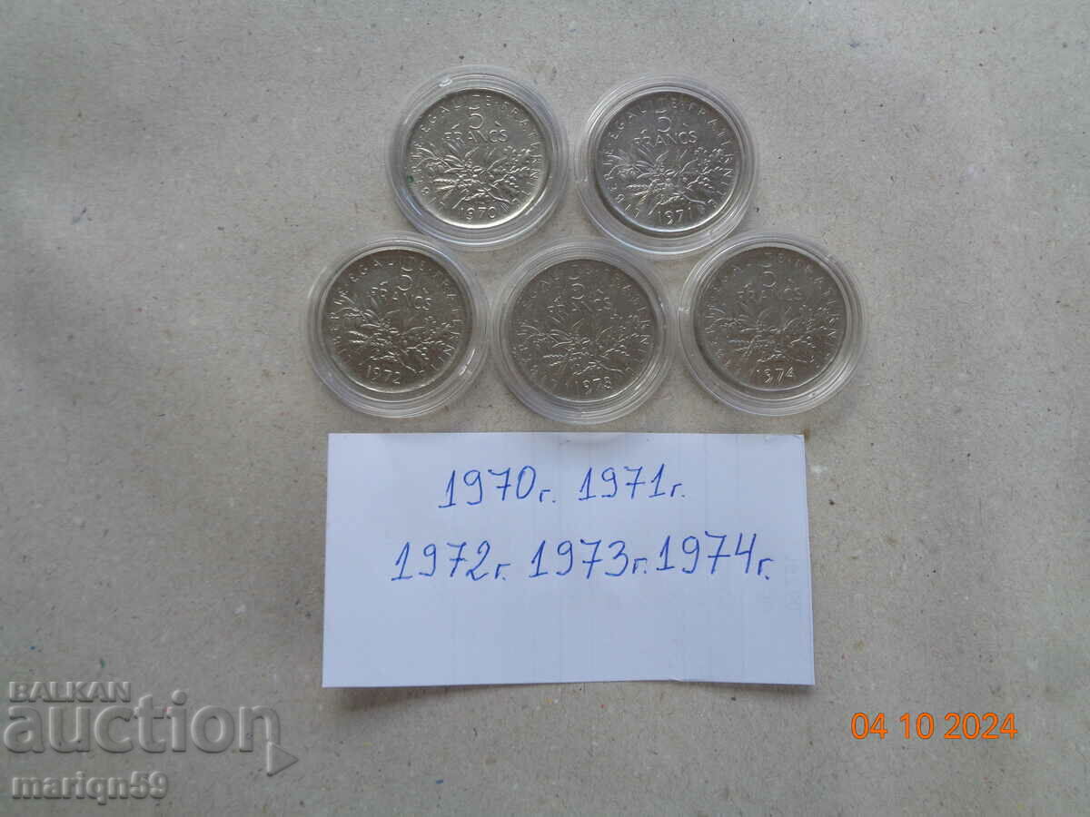 lot of coins 5 francs 1970-1974