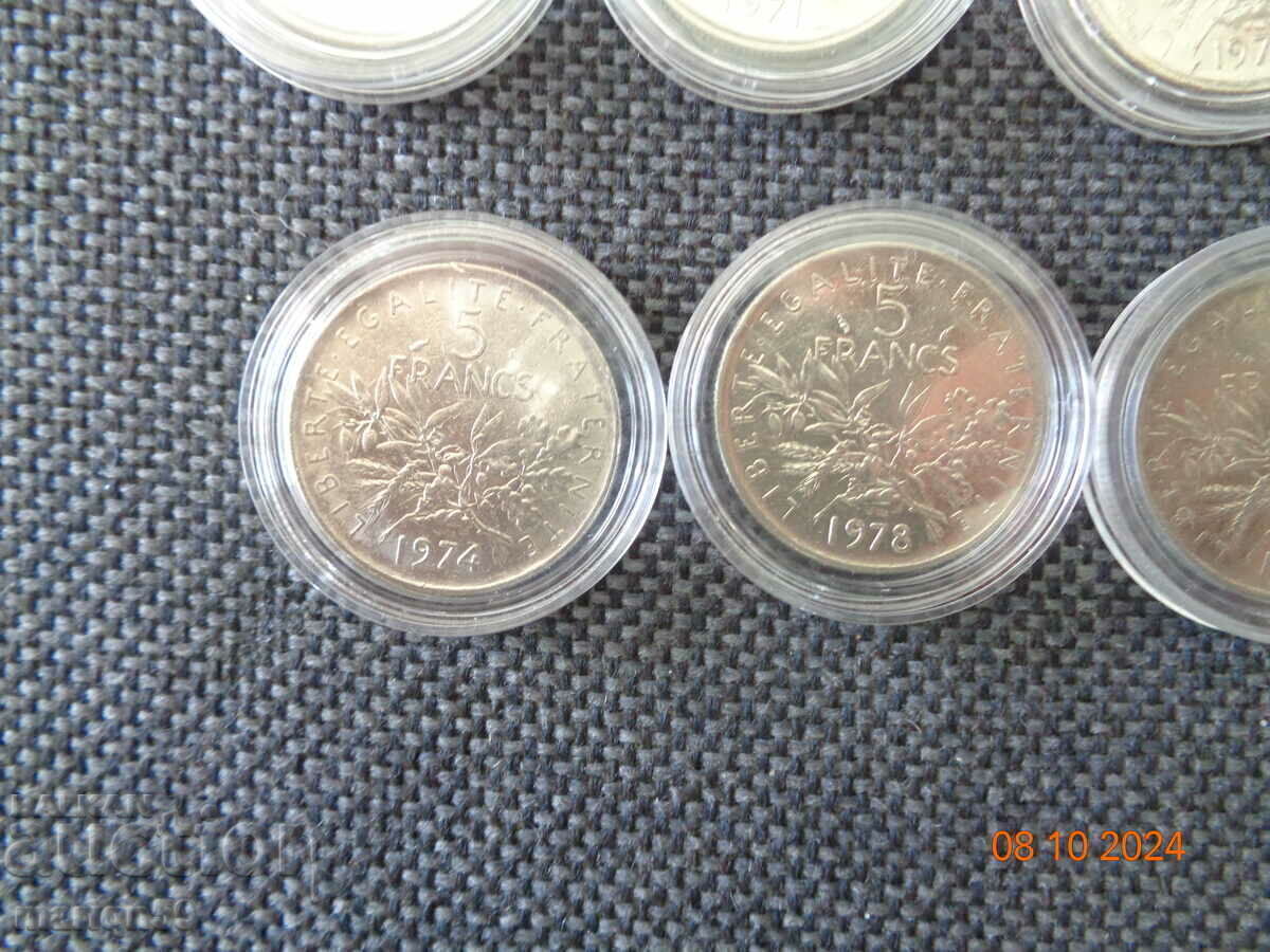 Auction  lot of coins 5 francs 1970-1990.