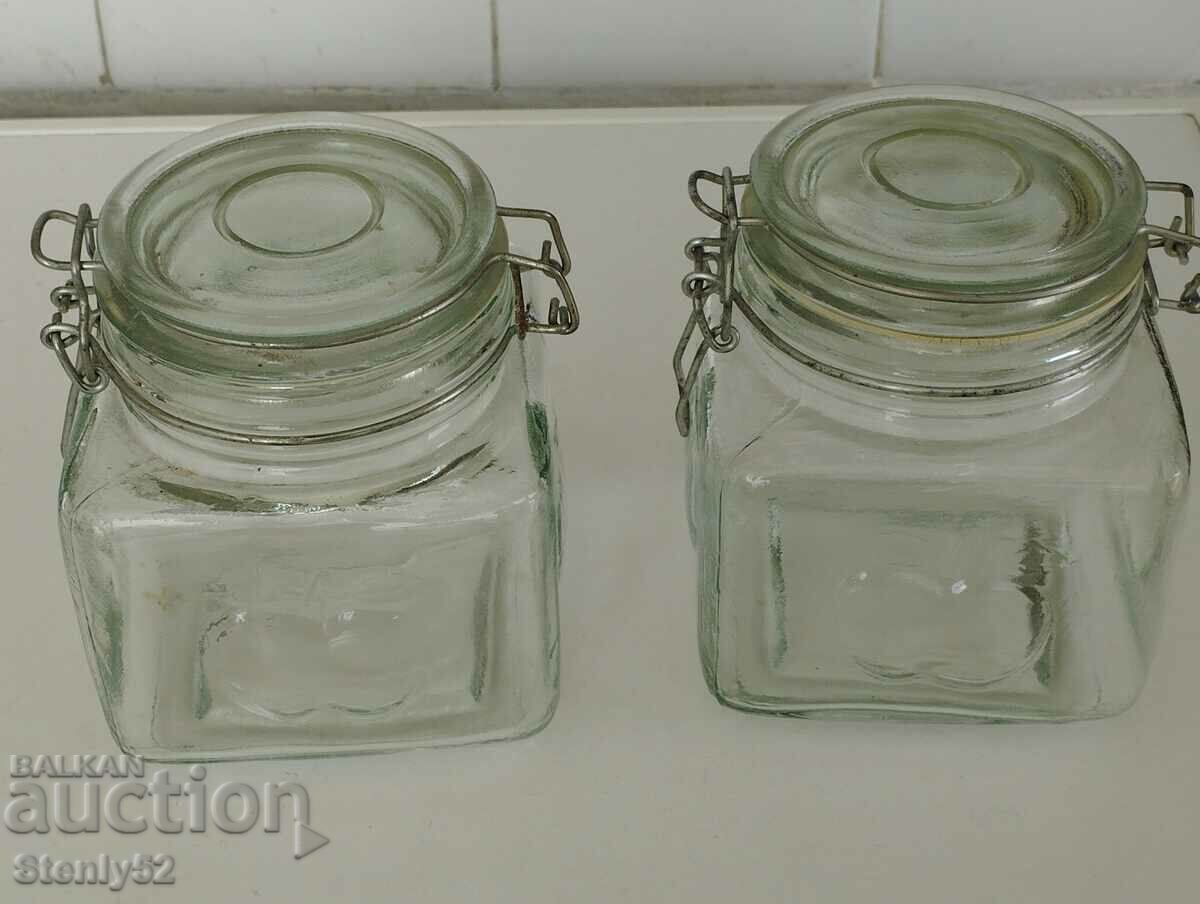 2 glass jars, thick glass for spices, retro.