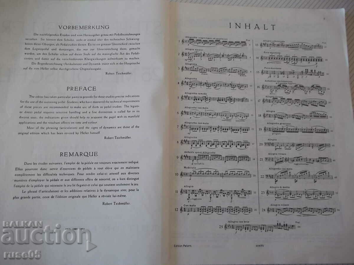 Auction Sheet music for piano "HELLER-25 melodische Etüden-Opus 45"-60 pages. Auction Sheet music for piano "HELLER-25 melodische Etüden-Opus 45"-60 pages.