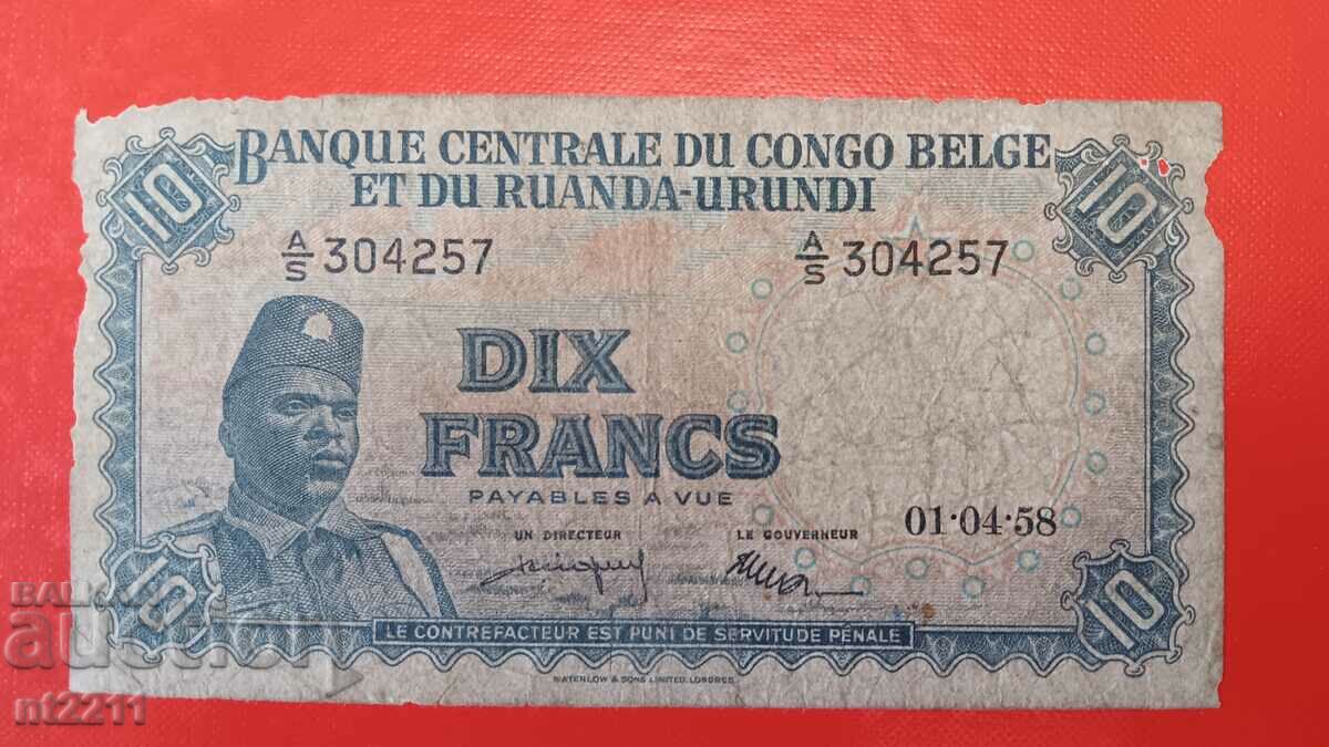 Banknote 10 francs Belgian Congo