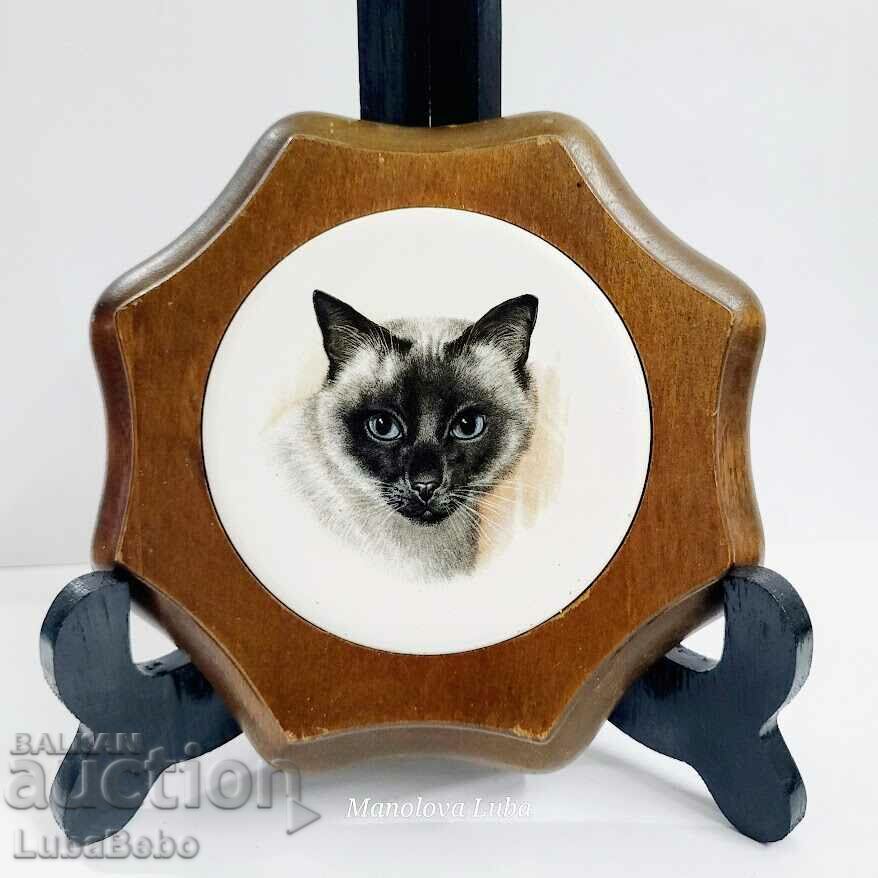 Wall decoration, Siamese cat, porcelain and wooden frame.