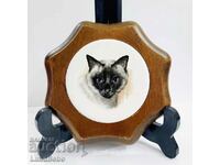 Wall decoration, Siamese cat, porcelain and wooden frame.