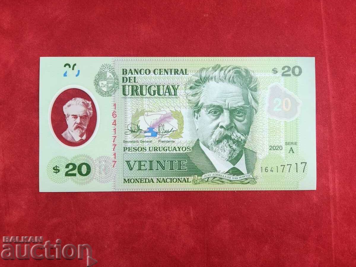 Uruguay 20 peso banknote from 2020 UNC new polymer