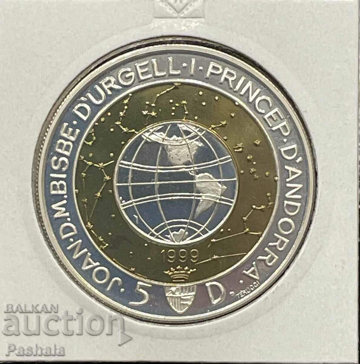 Andorra 5 dinars 1999. Silver. Andorra 5 dinars 1999. Silver.