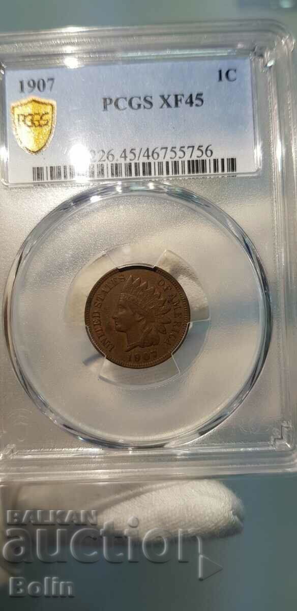 Rare US 1 Cent 1907 XF 45 - Native American