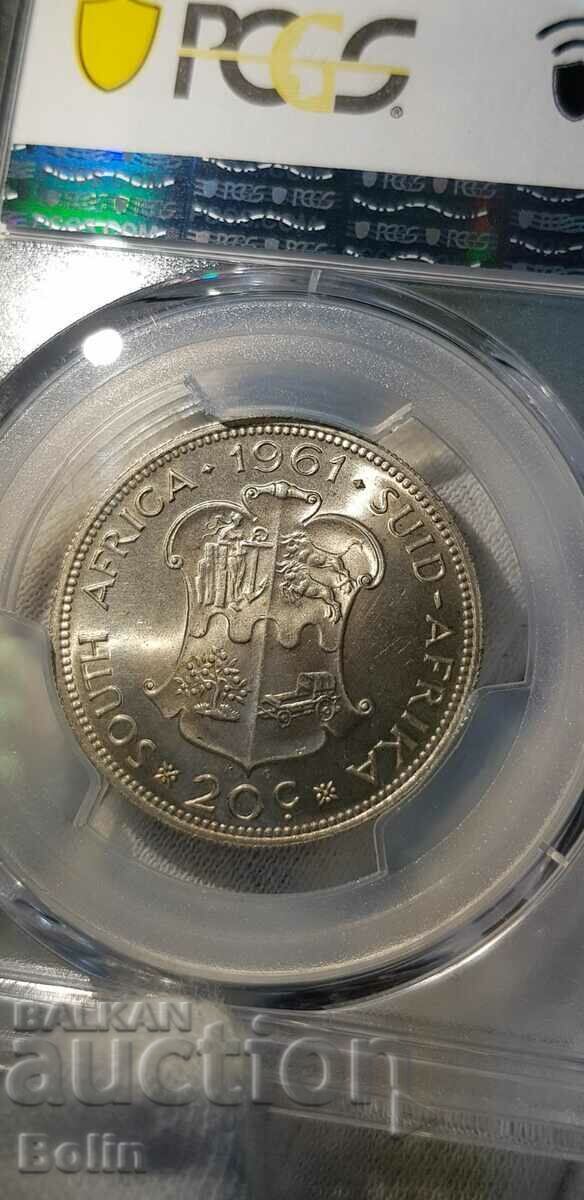 MS 64 - South Africa 20cents Silver Collector Coin 1961 - 5