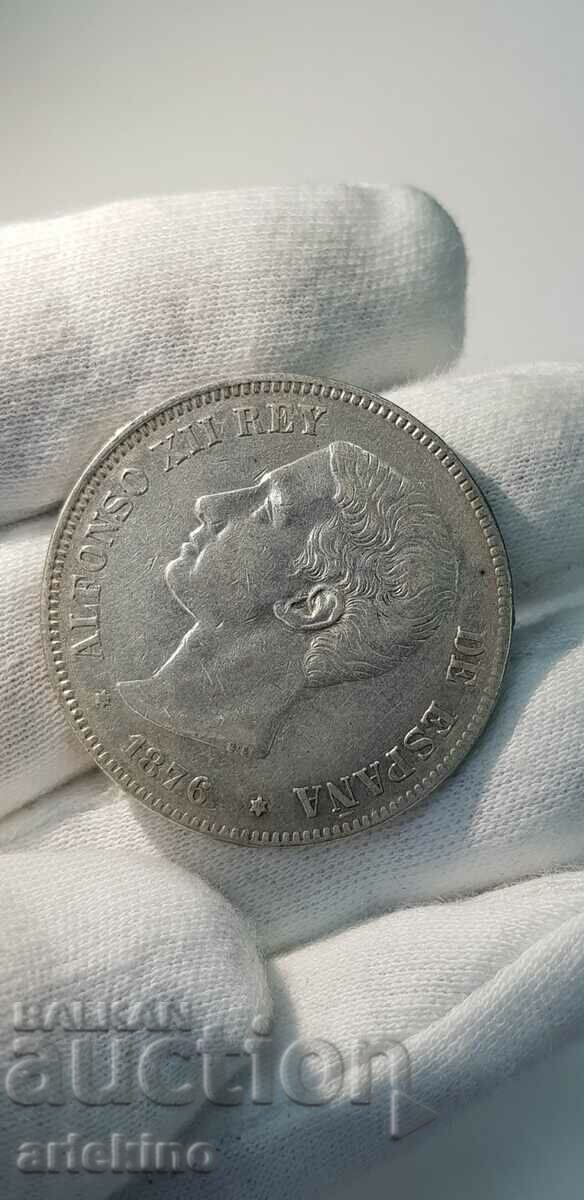 1876 Alfonso 5 Pesetas silver collectible coin - 5 1876 Alfonso 5 Pesetas silver collectible coin - 5