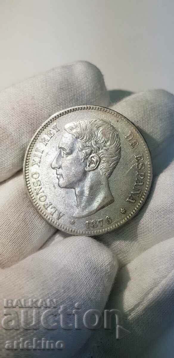 1876 Alfonso 5 Pesetas silver collectible coin